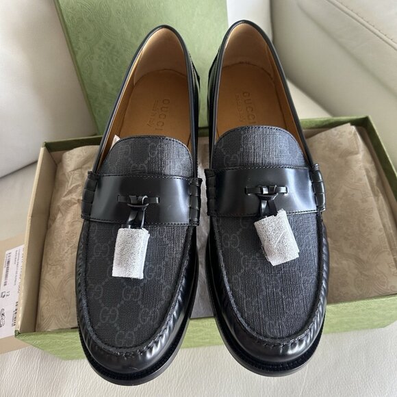 NEW GUCCI SUPREME TASSEL BLACK LEATHER & CANVAS MEN’S SHOES US 13 / 12 G $920 - Picture 3 of 10